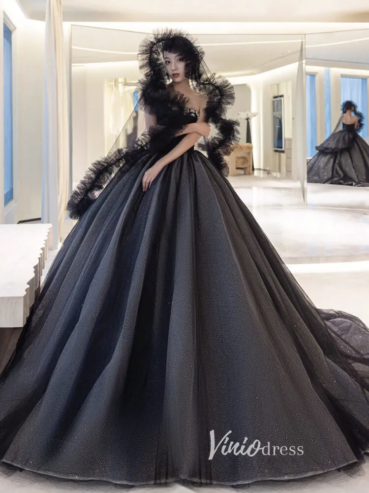 Black Sparkly Tulle Quinceanera Dresses Strapless Prom Ball Gown FD3248