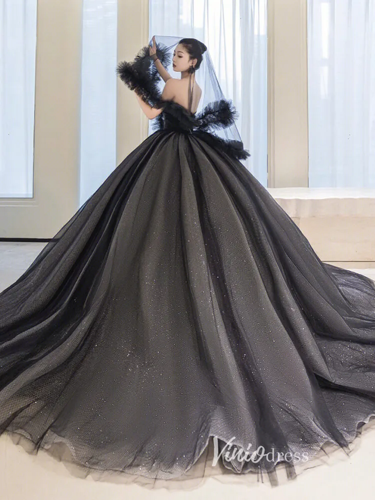 Black Sparkly Tulle Quinceanera Dresses Strapless Prom Ball Gown FD3248