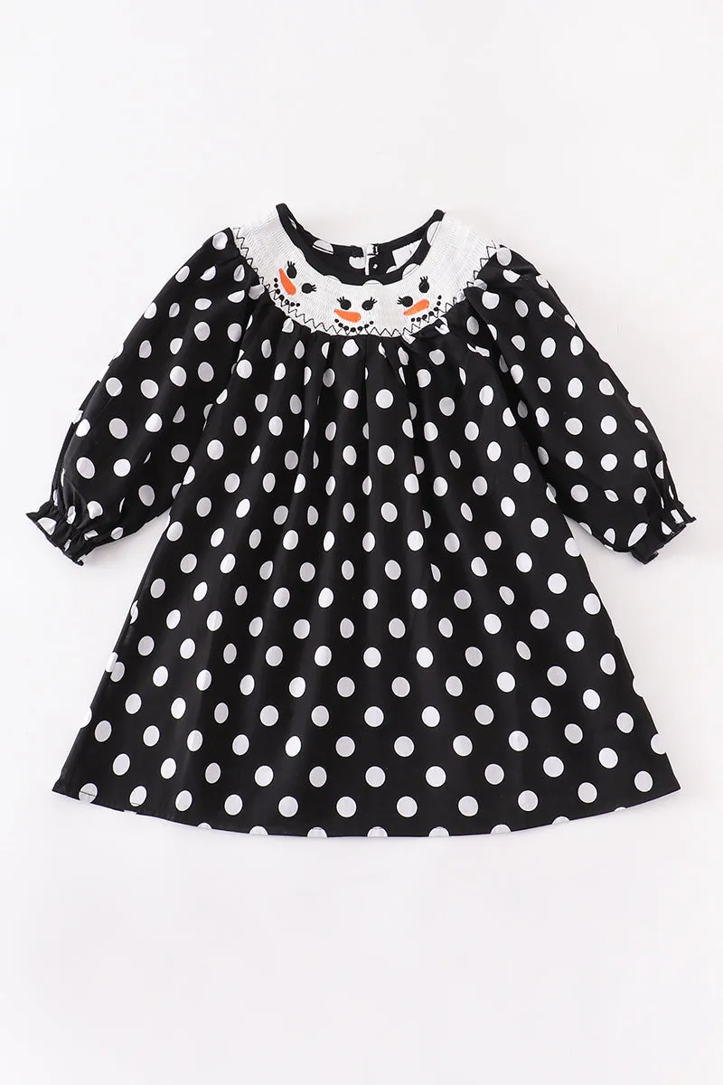 Black white dot snowman smocked dress