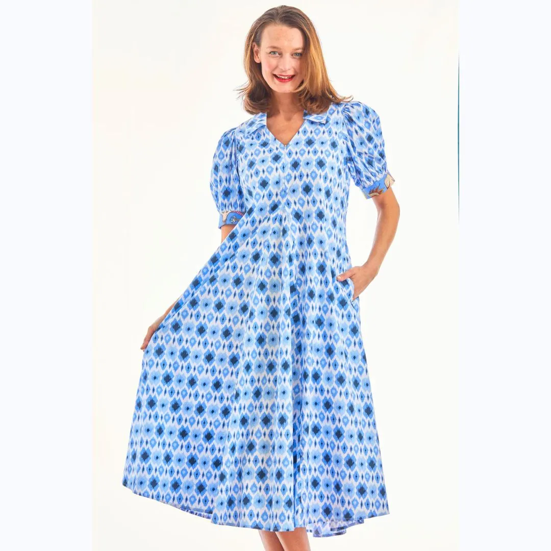 Blue & White Ikat Midi Dress