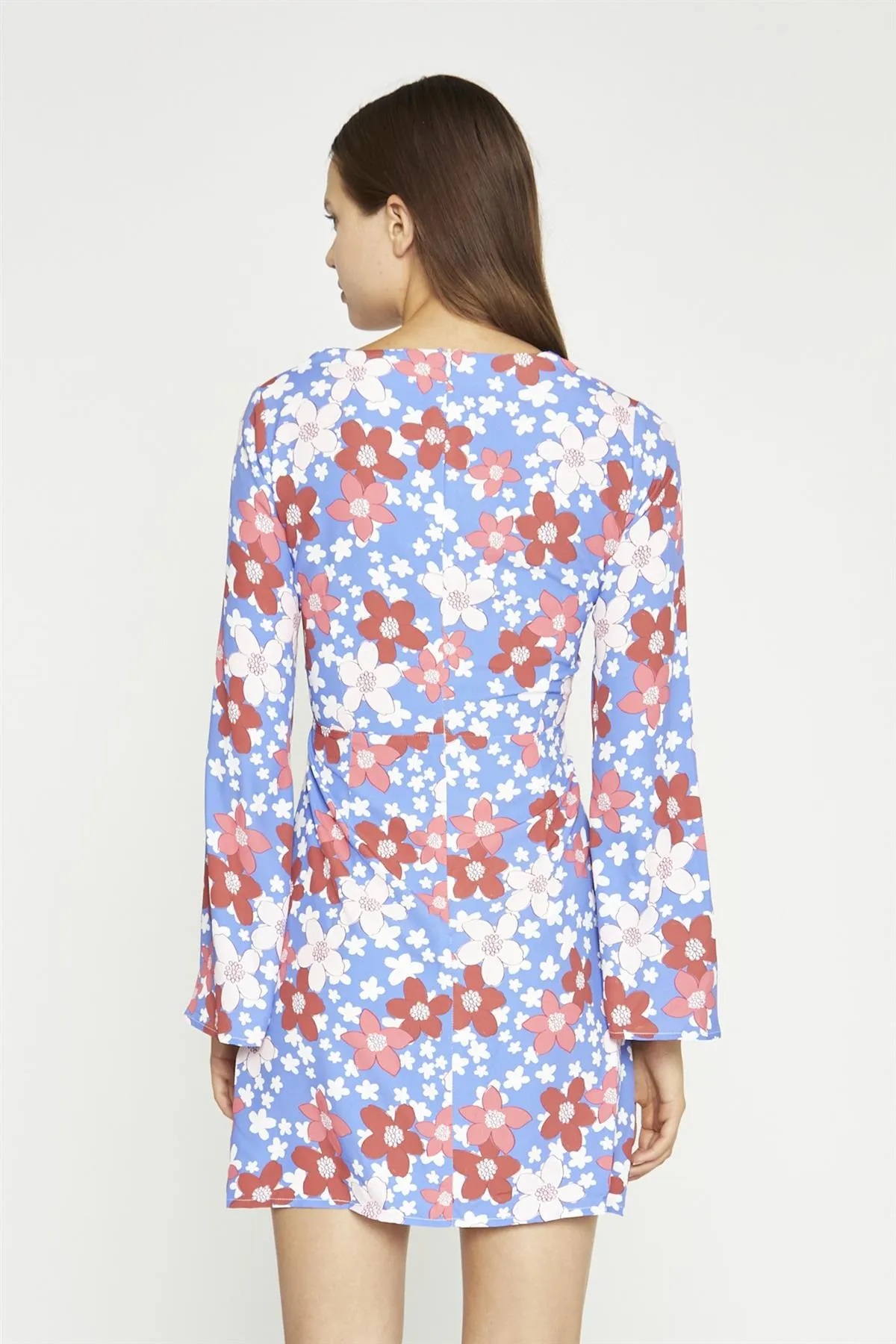 Blue-Red Flower Fluted Sleeve Mini-Dress