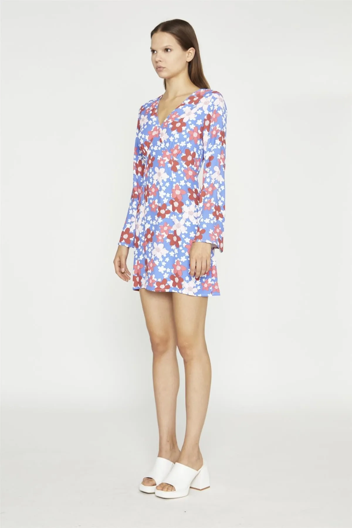 Blue-Red Flower Fluted Sleeve Mini-Dress