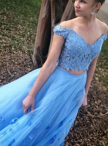 Blue Two Piece Graduation Gown Off Shoulder A Line Long Prom Dresses