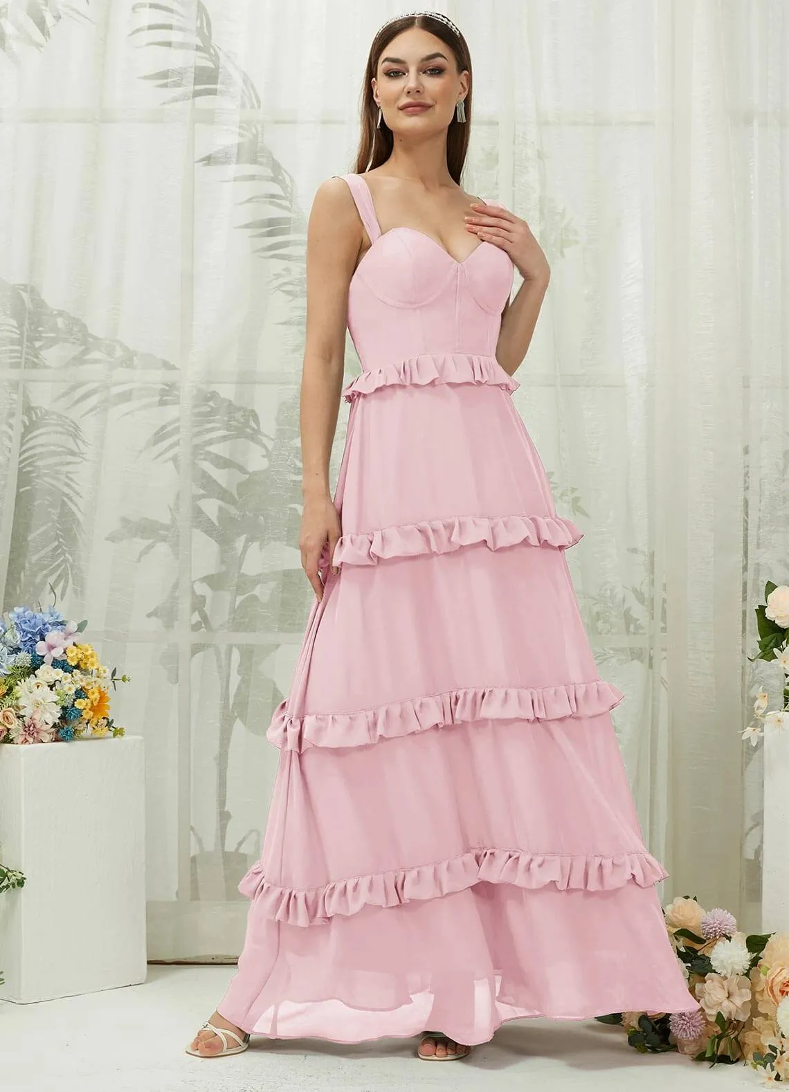 Blush Chiffon Sweetheart Straps Tiered Maxi Bridesmaid Dresses