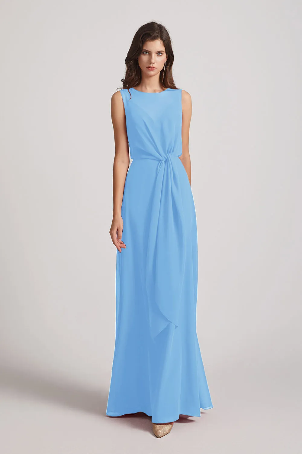 Boat Neckline Bridesmaid Dresses with Waist Tie and Back Keyhole (AF0089)