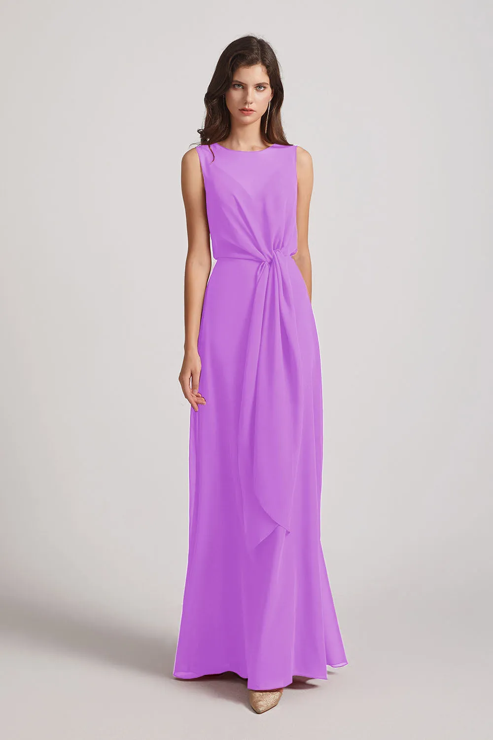 Boat Neckline Bridesmaid Dresses with Waist Tie and Back Keyhole (AF0089)