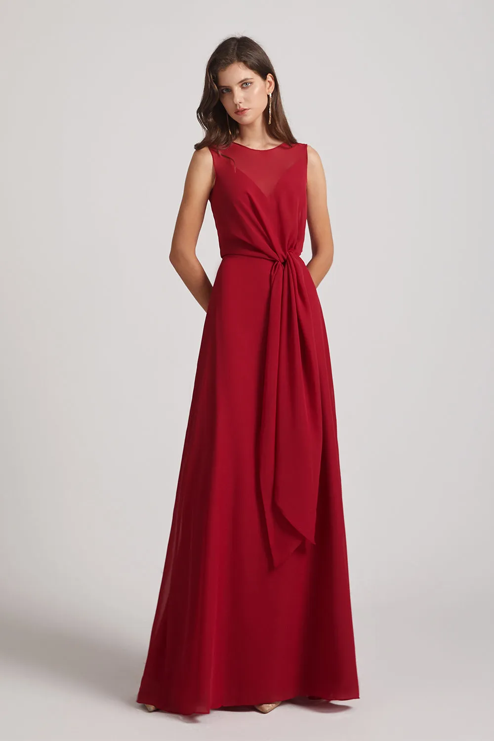 Boat Neckline Bridesmaid Dresses with Waist Tie and Back Keyhole (AF0089)