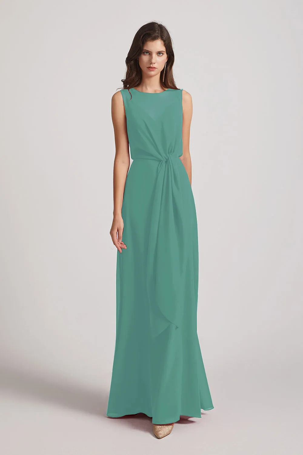 Boat Neckline Bridesmaid Dresses with Waist Tie and Back Keyhole (AF0089)