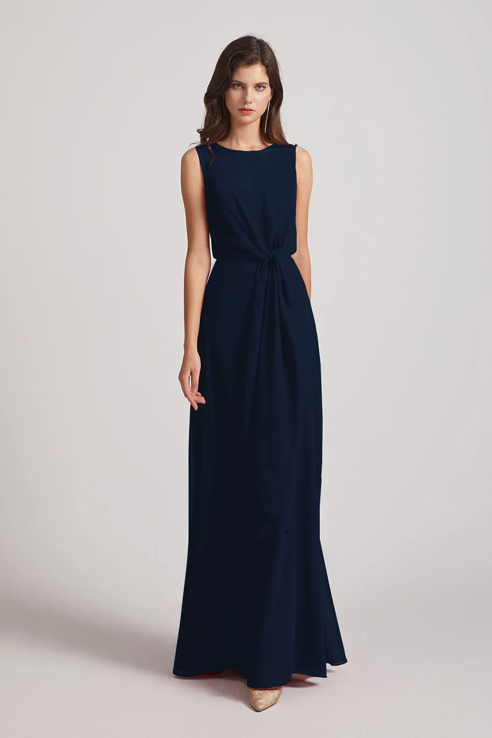 Boat Neckline Bridesmaid Dresses with Waist Tie and Back Keyhole (AF0089)