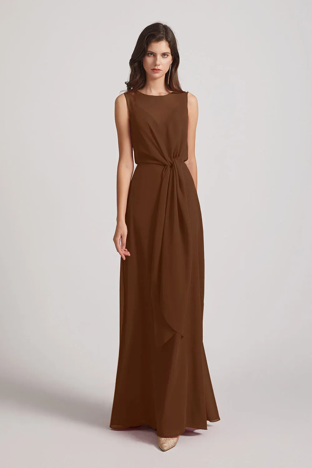 Boat Neckline Bridesmaid Dresses with Waist Tie and Back Keyhole (AF0089)