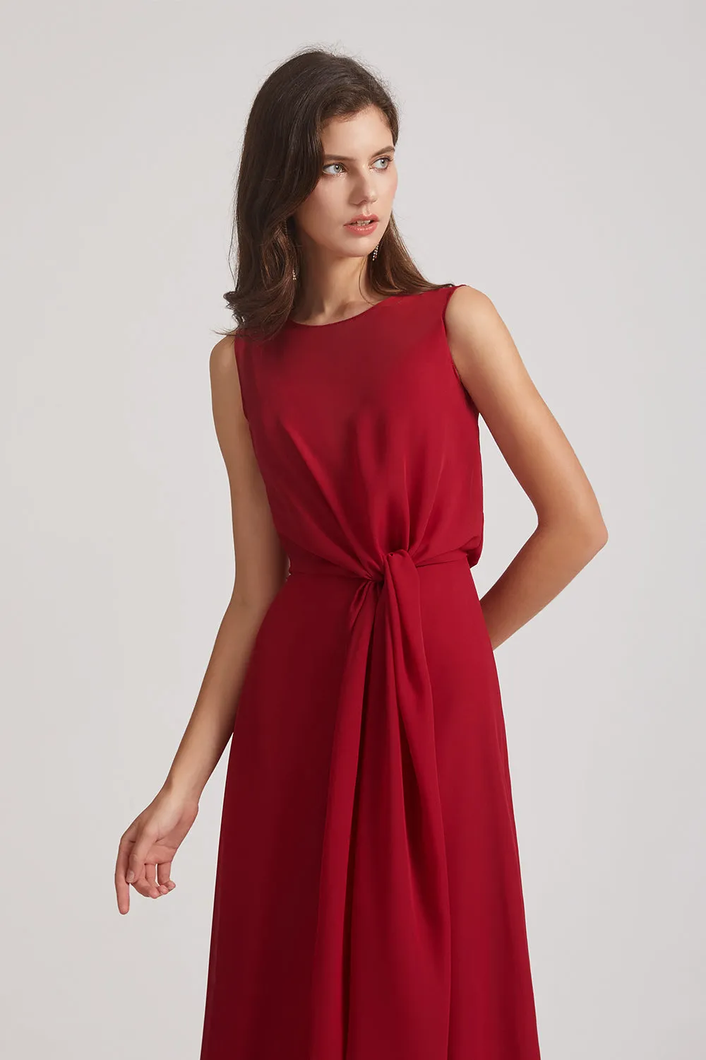 Boat Neckline Bridesmaid Dresses with Waist Tie and Back Keyhole (AF0089)