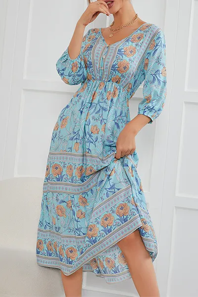 Bohemian Floral Buckle V Neck A Line Dresses