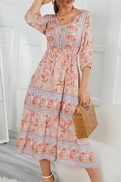 Bohemian Floral Buckle V Neck A Line Dresses