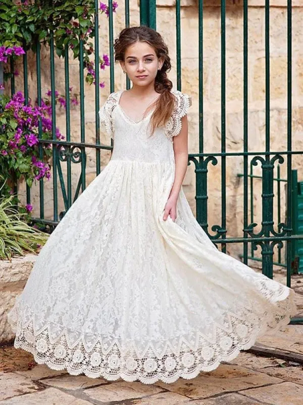 Boho Ivory Short Sleeves Flower Girl Dresses A-Line Long Party Dresses for Kids