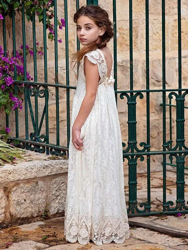 Boho Ivory Short Sleeves Flower Girl Dresses A-Line Long Party Dresses for Kids