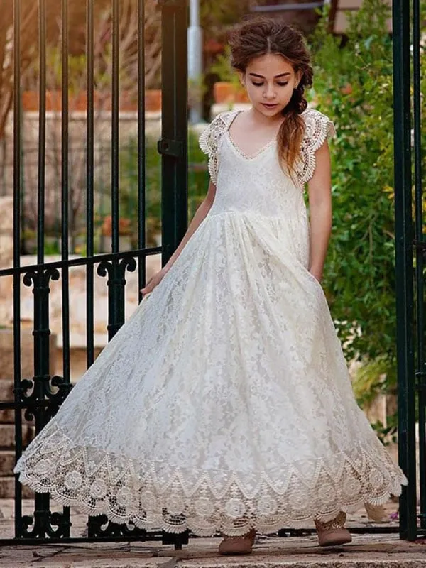 Boho Ivory Short Sleeves Flower Girl Dresses A-Line Long Party Dresses for Kids