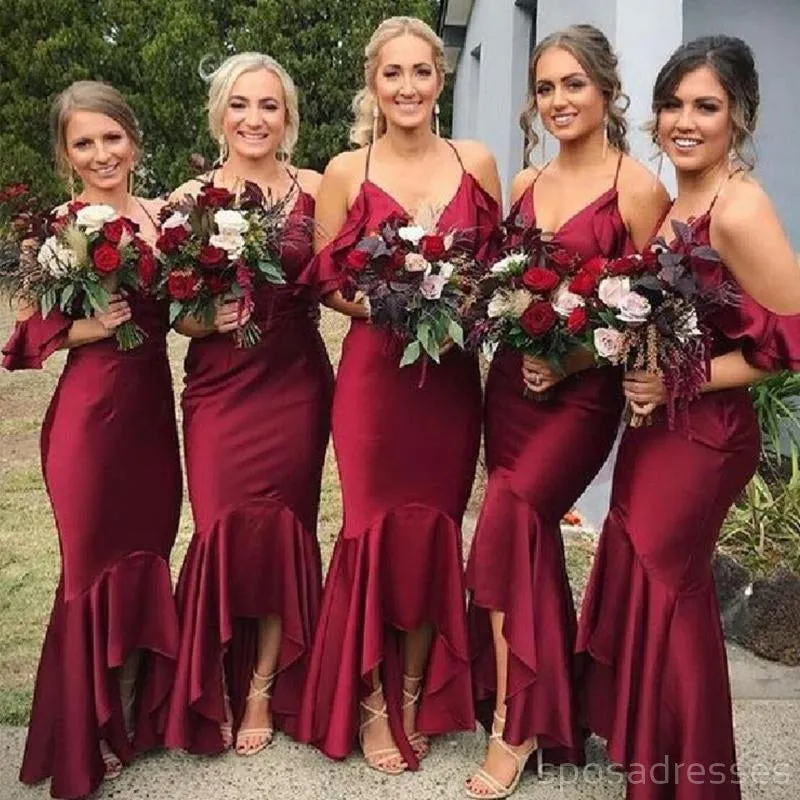 Burgundy Mermaid Off Shoulder Halter Long Bridesmaid Dresses Online, WG287