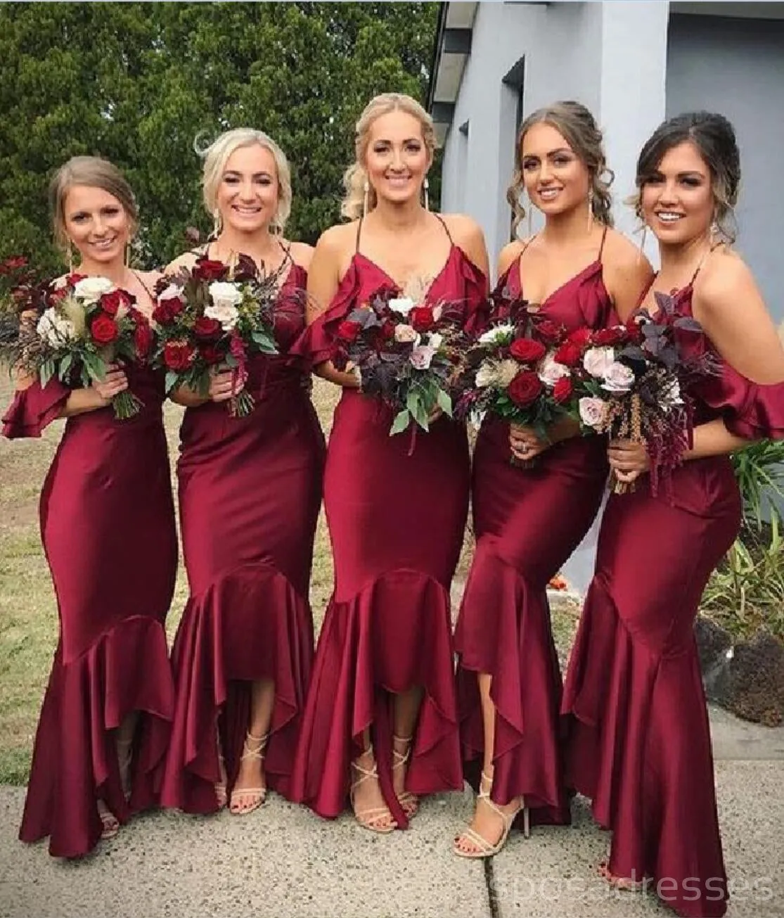 Burgundy Mermaid Off Shoulder Halter Long Bridesmaid Dresses Online, WG287