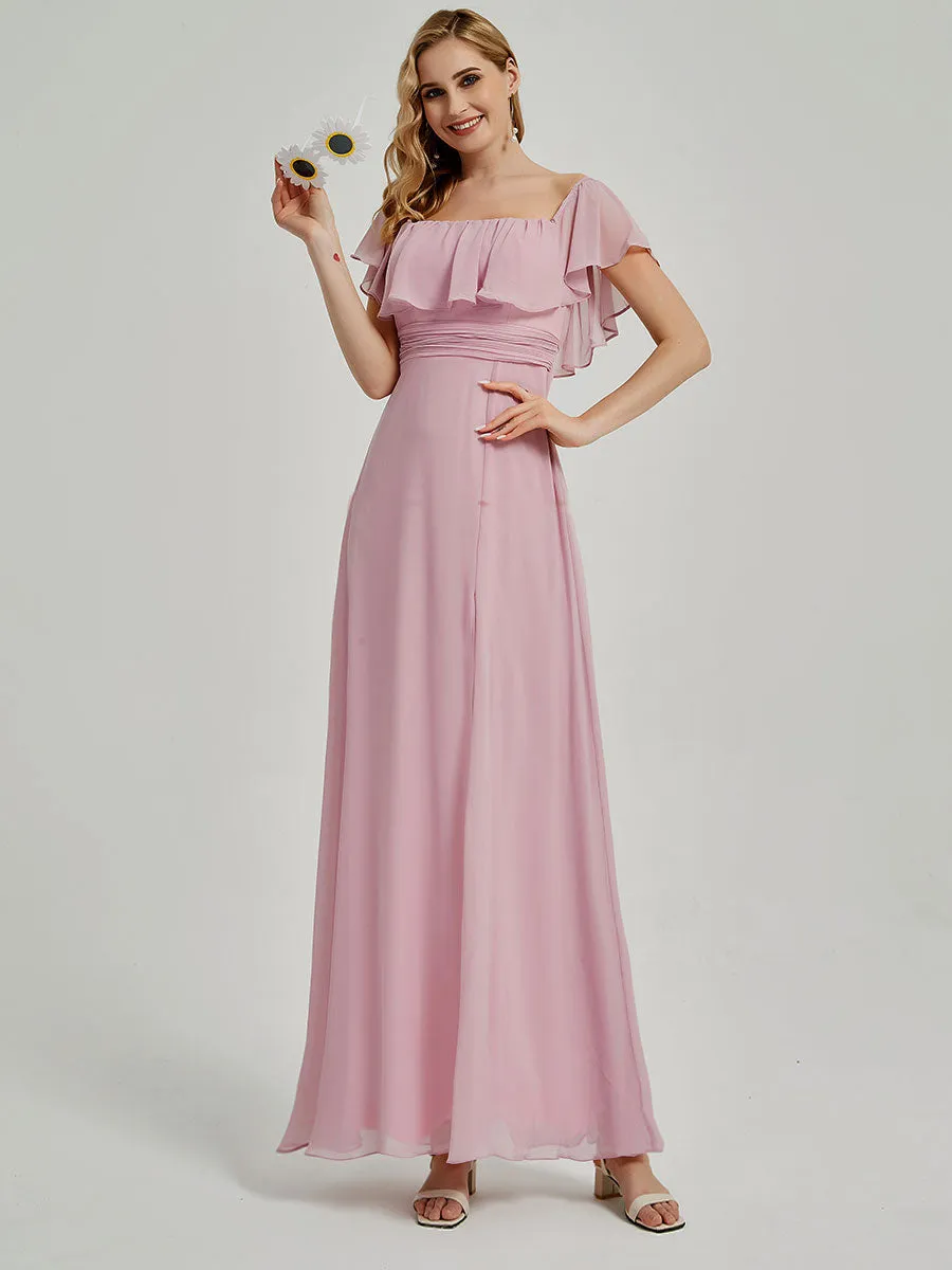 Canyon Rose Convertible Ruffle Sleeves Chiffon Maxi Bridesmaid Dresses