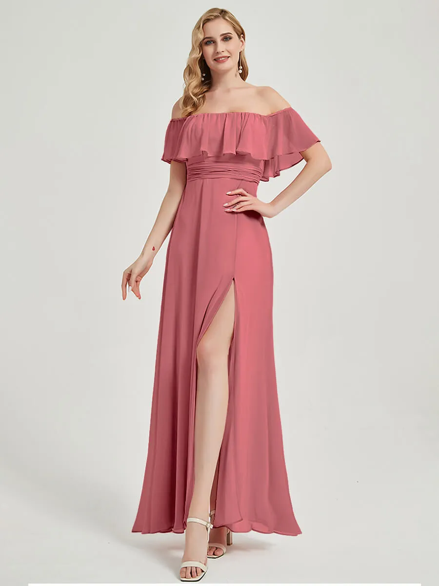 Canyon Rose Convertible Ruffle Sleeves Chiffon Maxi Bridesmaid Dresses