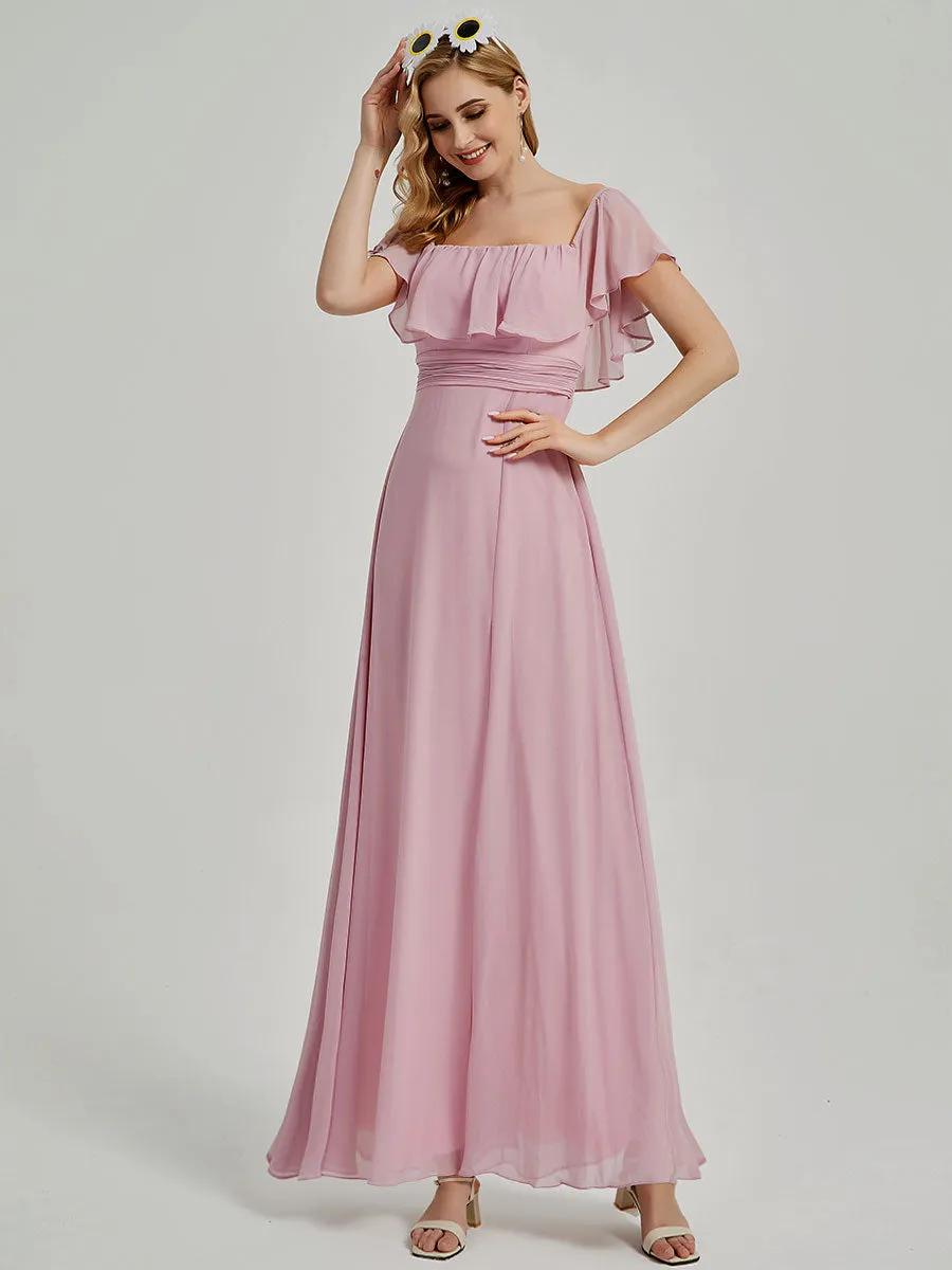 Canyon Rose Convertible Ruffle Sleeves Chiffon Maxi Bridesmaid Dresses