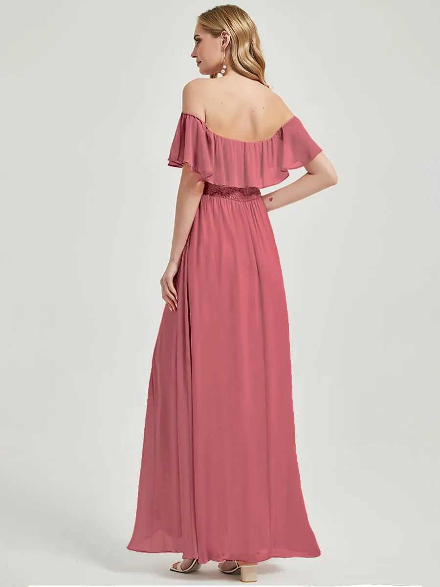 Canyon Rose Convertible Ruffle Sleeves Chiffon Maxi Bridesmaid Dresses