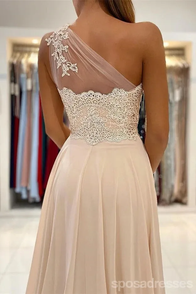 Champagne A-line One Shoulder High Slit Long Prom Dresses Online,12838