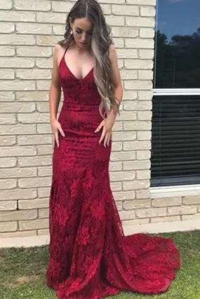 Charming Burgundy Mermaid Spaghetti Straps Lace Sweep Train Prom Dresses