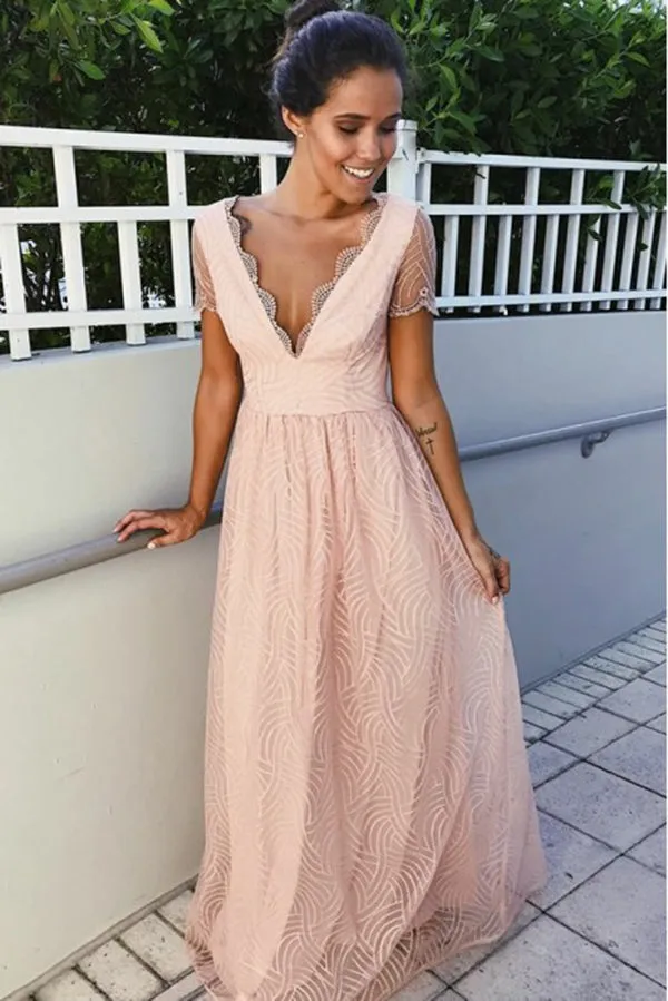 Charming Deep V Neck Short Sleeves Long Prom Dresses