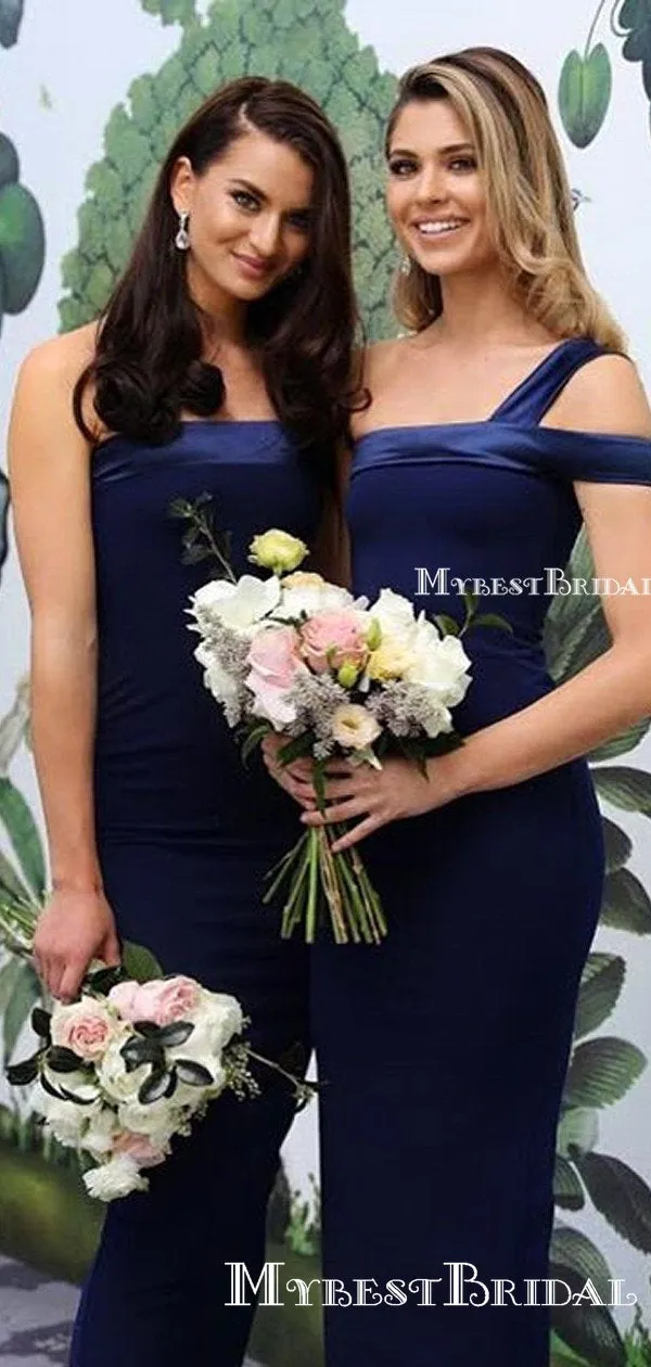 Charming One Shoulder Navy Blue Mermaid Long Cheap Bridesmaid Dresses, BDS0042