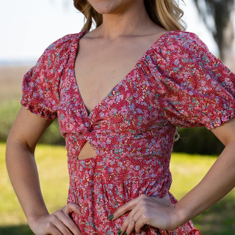 Cinched Sleeve Keyhole Red Multi Mini Dress