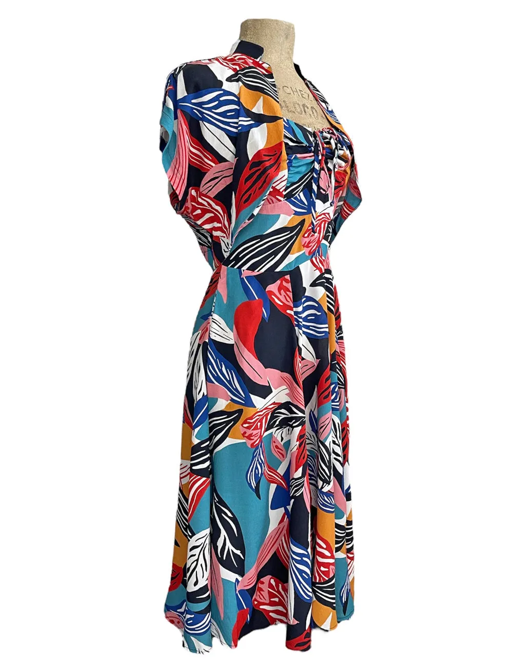 Colorful Tropical Leaves 1940s Marta Halter Swing Dress