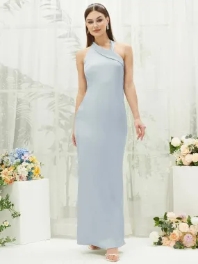 Cornflower Blue Silk Satin Halter Neck Sheath Sleeveless Bridesmaid Dress