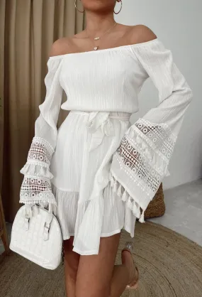 Cotton Dress with Very Long Sleeve - White