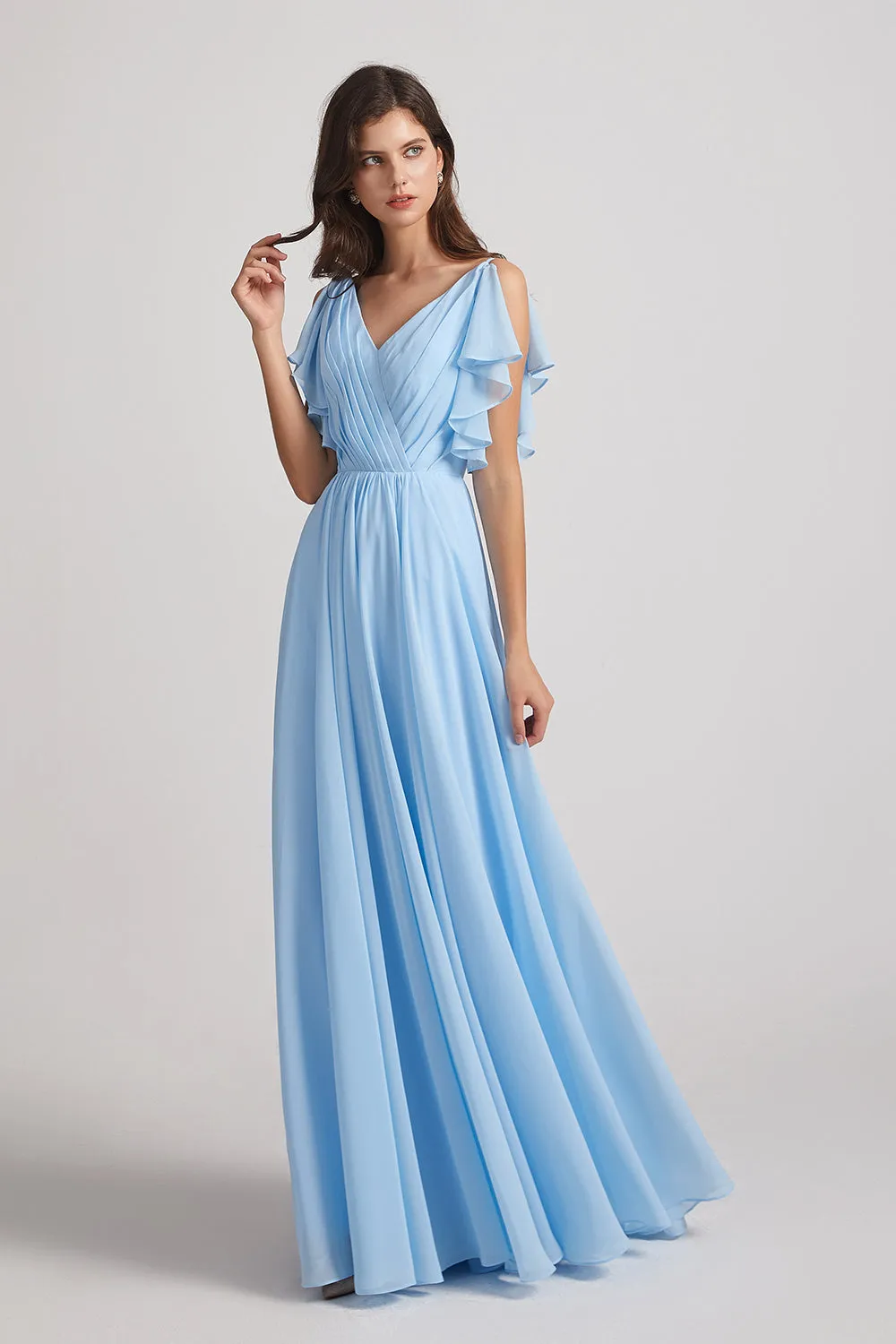 Crinkle Chiffon Bridesmaid Dresses with Open Flutter Sleeves (AF0097)