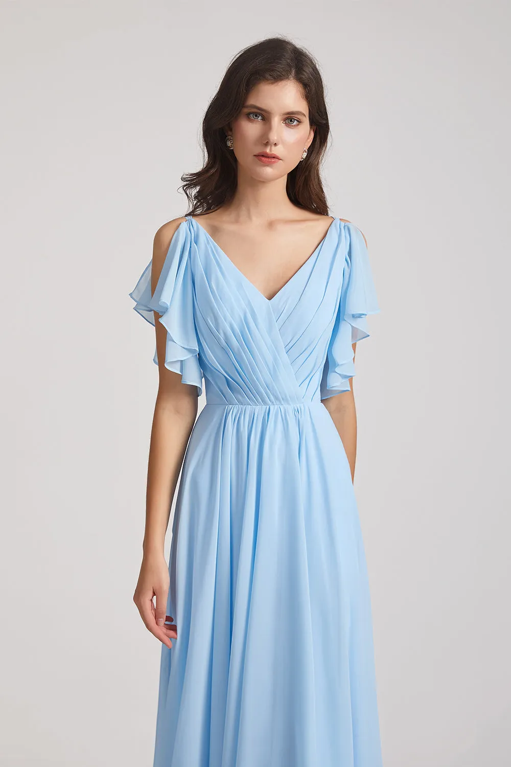 Crinkle Chiffon Bridesmaid Dresses with Open Flutter Sleeves (AF0097)