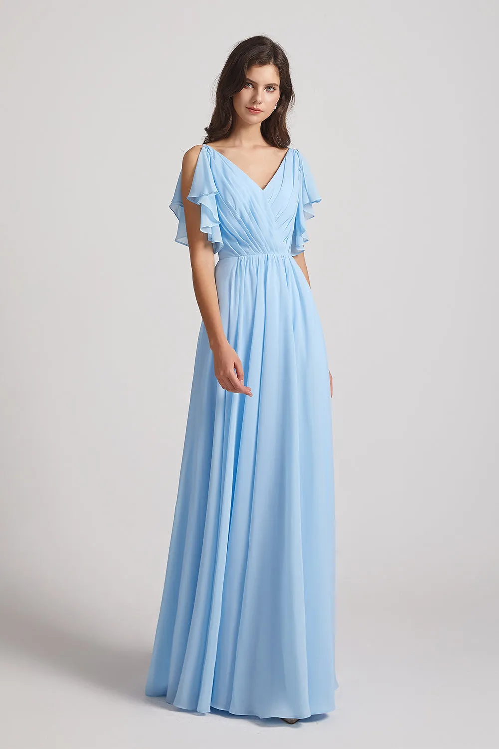 Crinkle Chiffon Bridesmaid Dresses with Open Flutter Sleeves (AF0097)