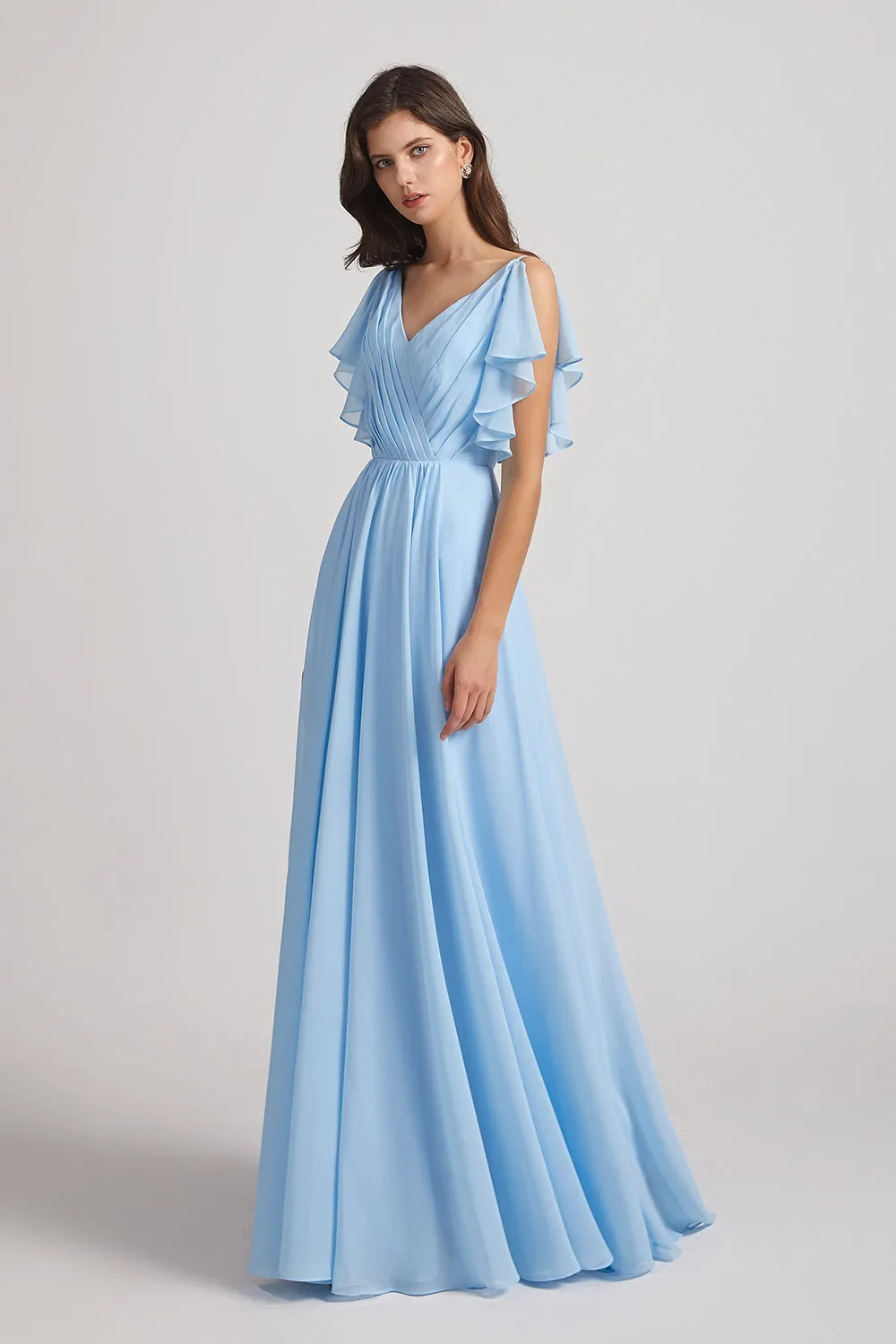 Crinkle Chiffon Bridesmaid Dresses with Open Flutter Sleeves (AF0097)