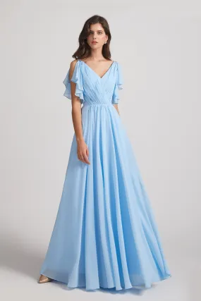 Crinkle Chiffon Bridesmaid Dresses with Open Flutter Sleeves (AF0097)