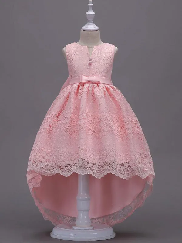 Cute Pink Lace Flower Girl Dresses High Low Sleeveless Bow Princess Party Dresses