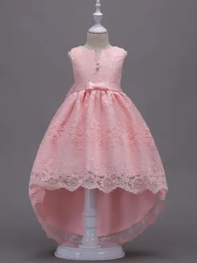 Cute Pink Lace Flower Girl Dresses High Low Sleeveless Bow Princess Party Dresses