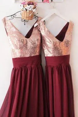 Dark Burgundy V Neck Chiffon Bridesmaid Dresses with Sequin V Back Prom Dresses