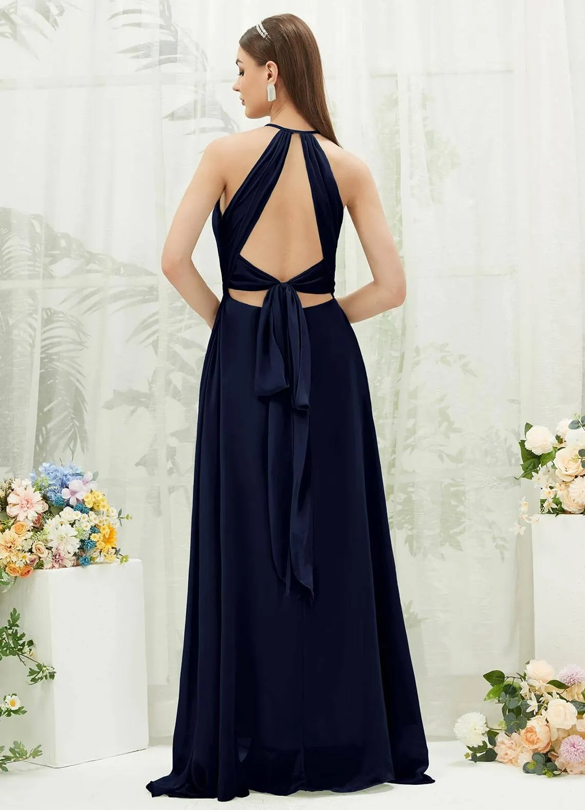 Dark Navy Chiffon Halter V-Neck Slit  Backless Maxi Bridesmaid Dress