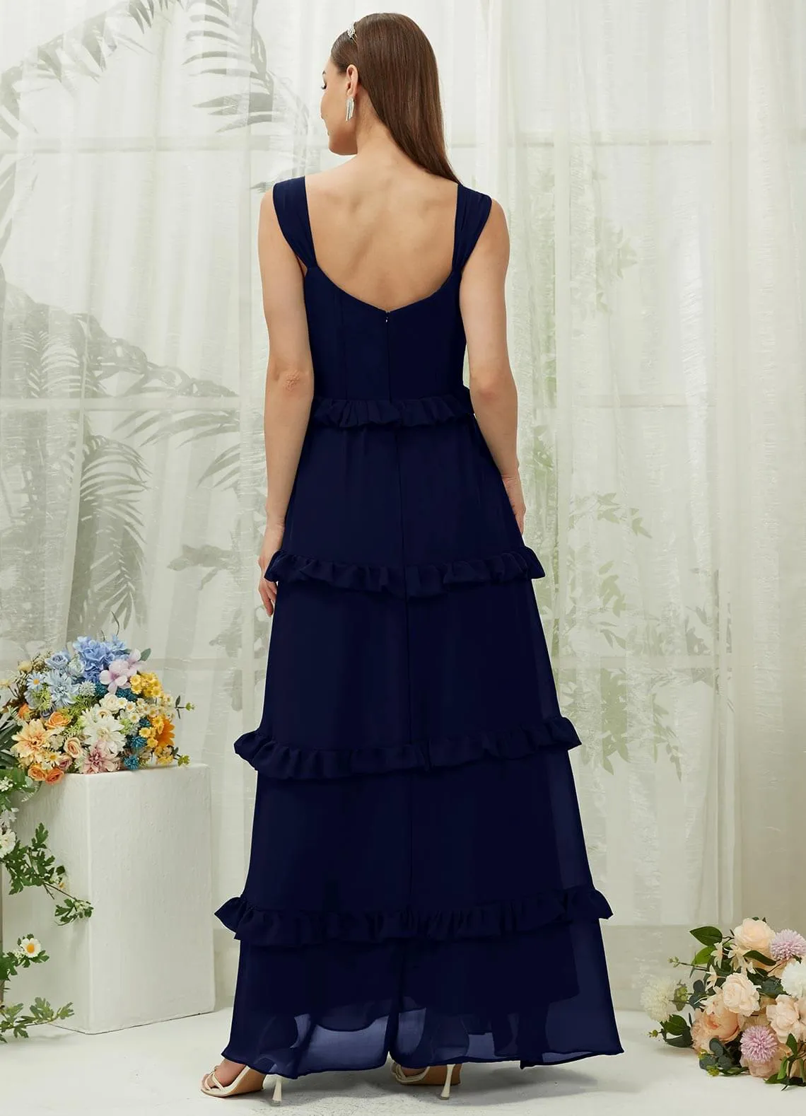 Dark Navy Chiffon Sweetheart Straps Tiered Maxi Bridesmaid Dresses