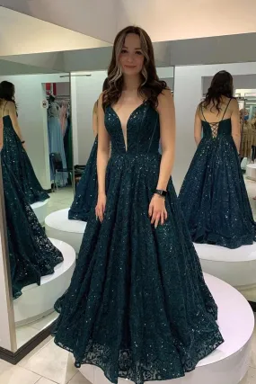 Deep V Neck A line Shiny Lace Dark Green Sequins Evening Dresses Long Prom Dresses