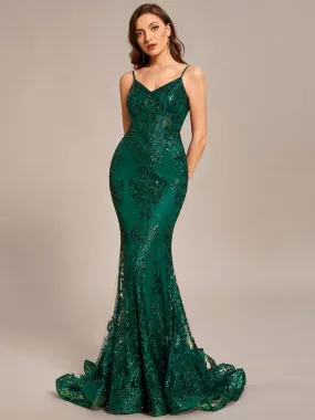 Deep V-Neck Backless Bodycon Shiny Mermaid Evening Dresses