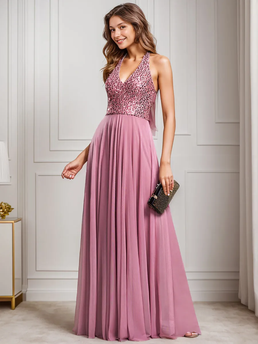 deep v-neck bead mesh sleeveless  Evening Dresses