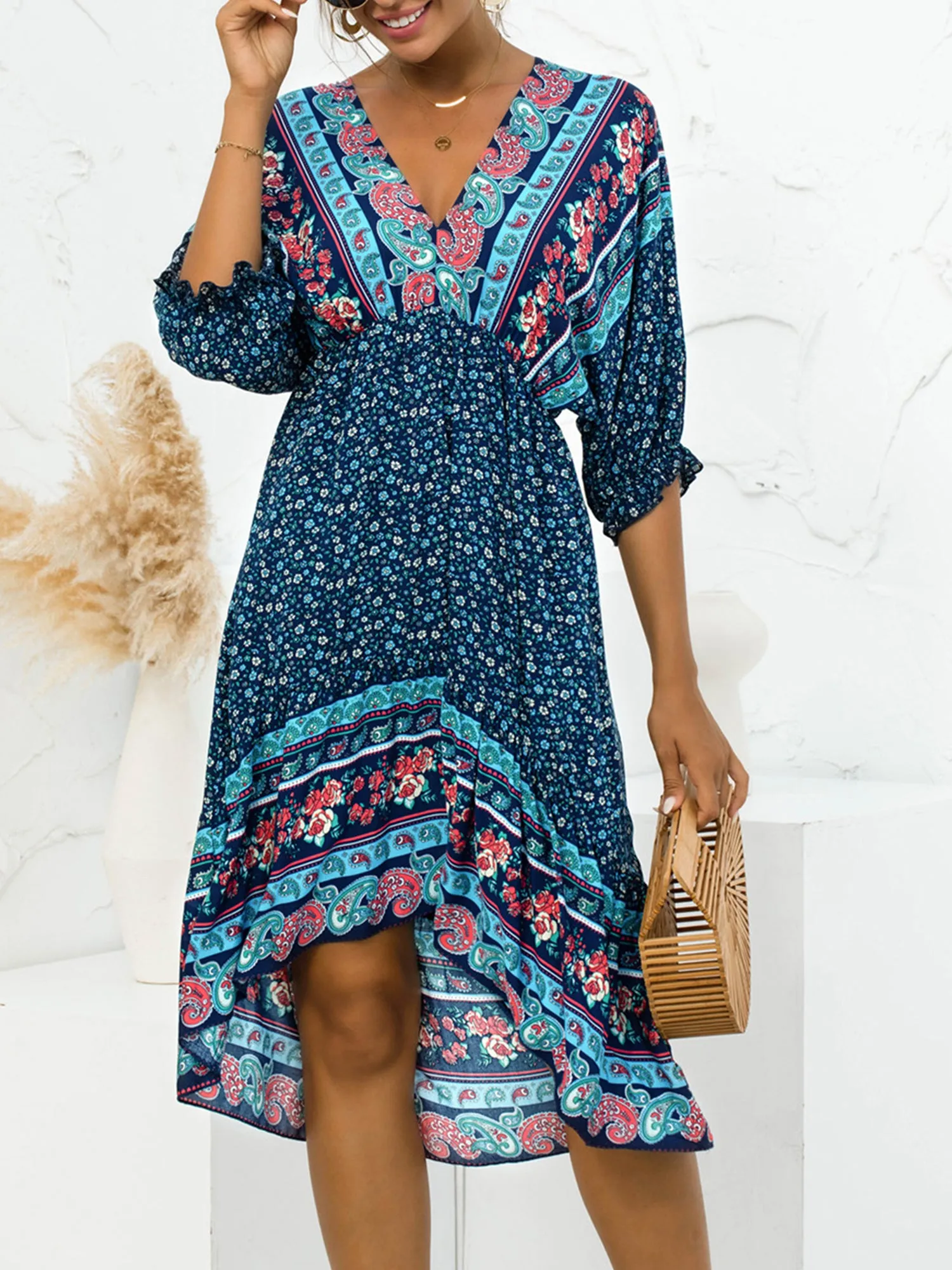 Deep V Neck High Low Printed Wholesale Dresses