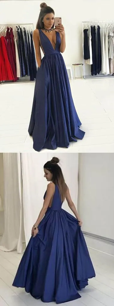 Deep V-neck Long A-line Navy Prom Dresses