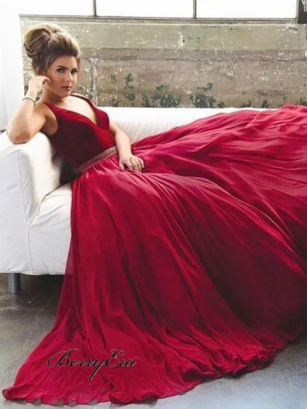 Deep V-neck Long A-line Red Prom Evening Dresses